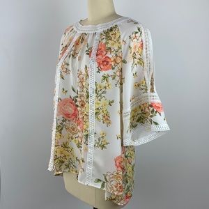 Zac & Rachel Flattering Loose Flowy Floral Blouse, Crochet Trim